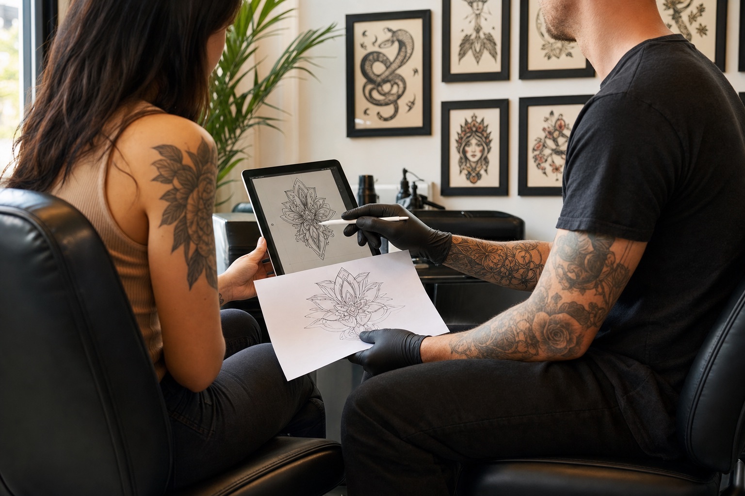 Tattoo consultation table with design references for fine detail work